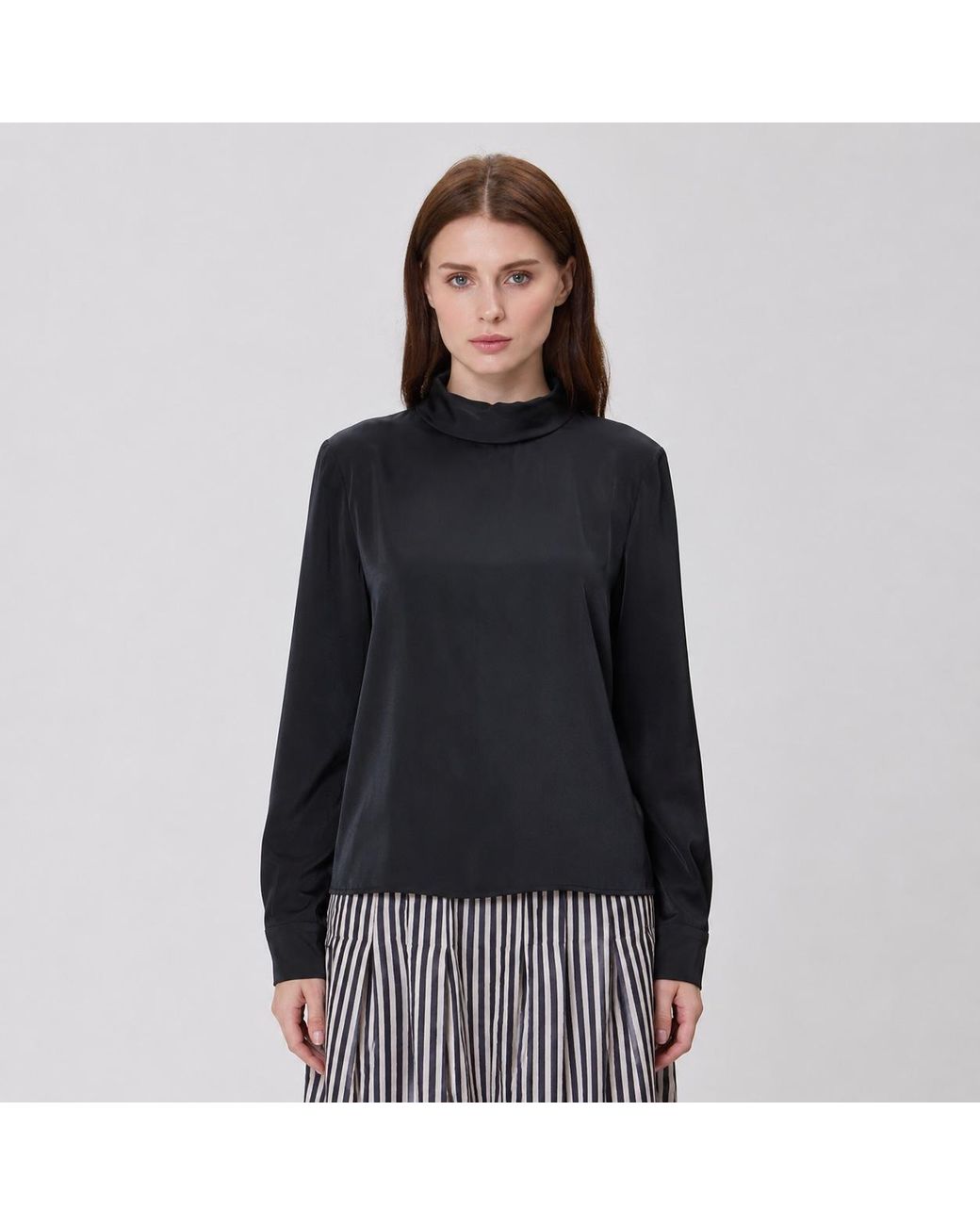 Smart and Joy Black High-Necked Blouse With Long Sleeves