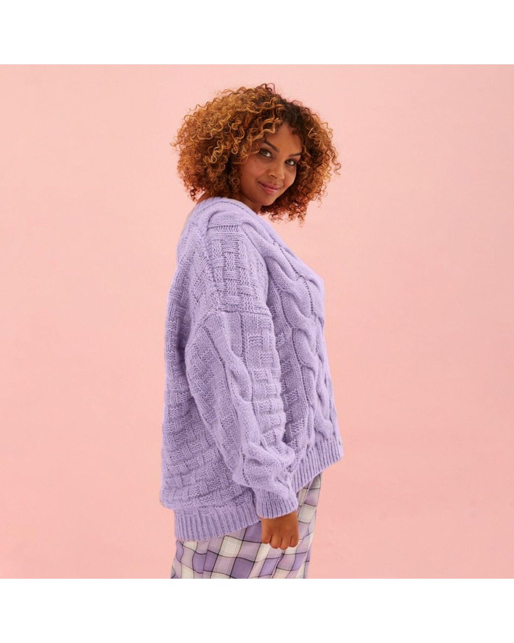 Cara & The Sky Purple Gemma Basket Stitch Balloon Sleeve Cardigan