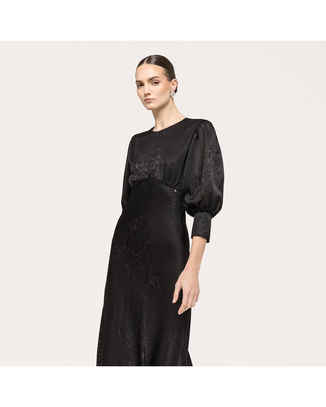 Nissa Black Puff-Sleeve Viscose Midi Dress