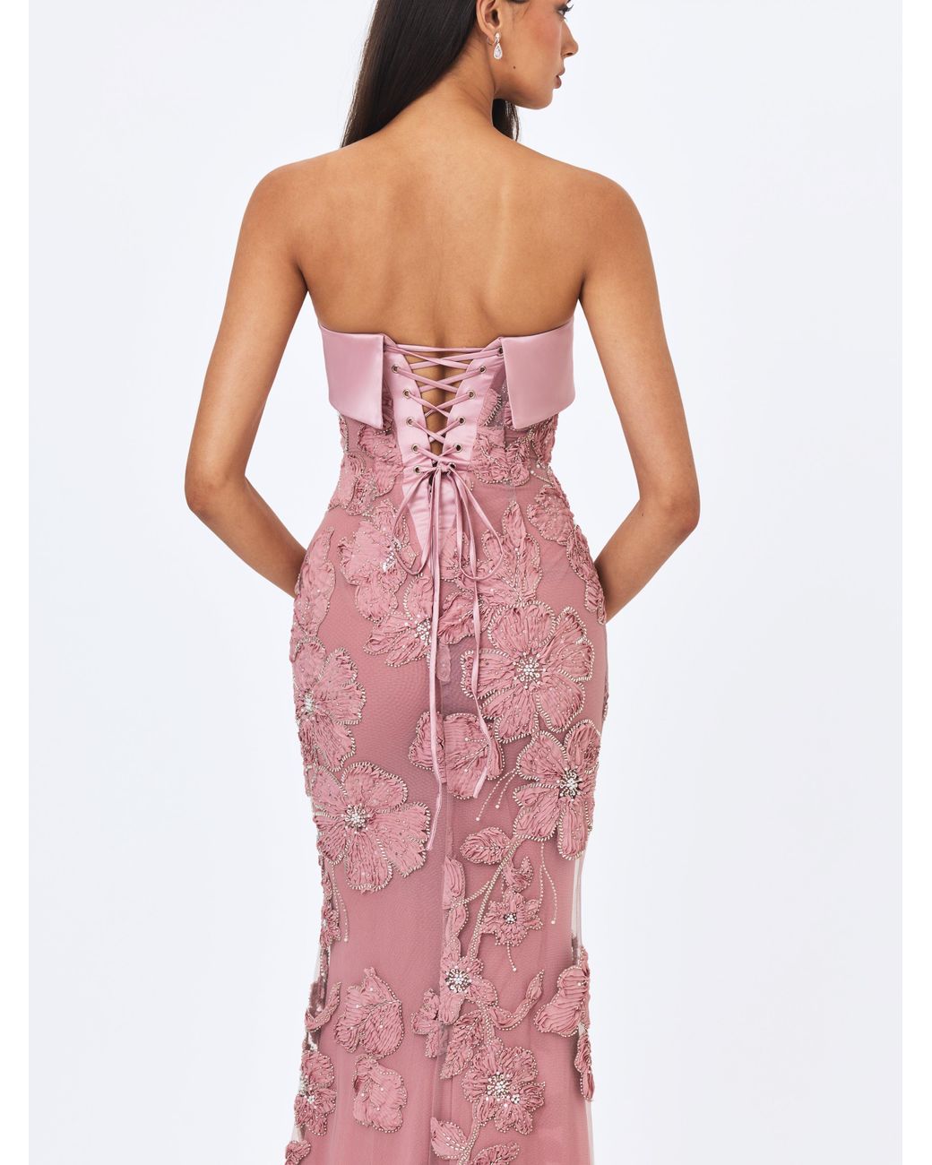 Miss Circle New York Purple Raphaela Dusty Beaded Floral Strapless Mermaid Maxi Dress