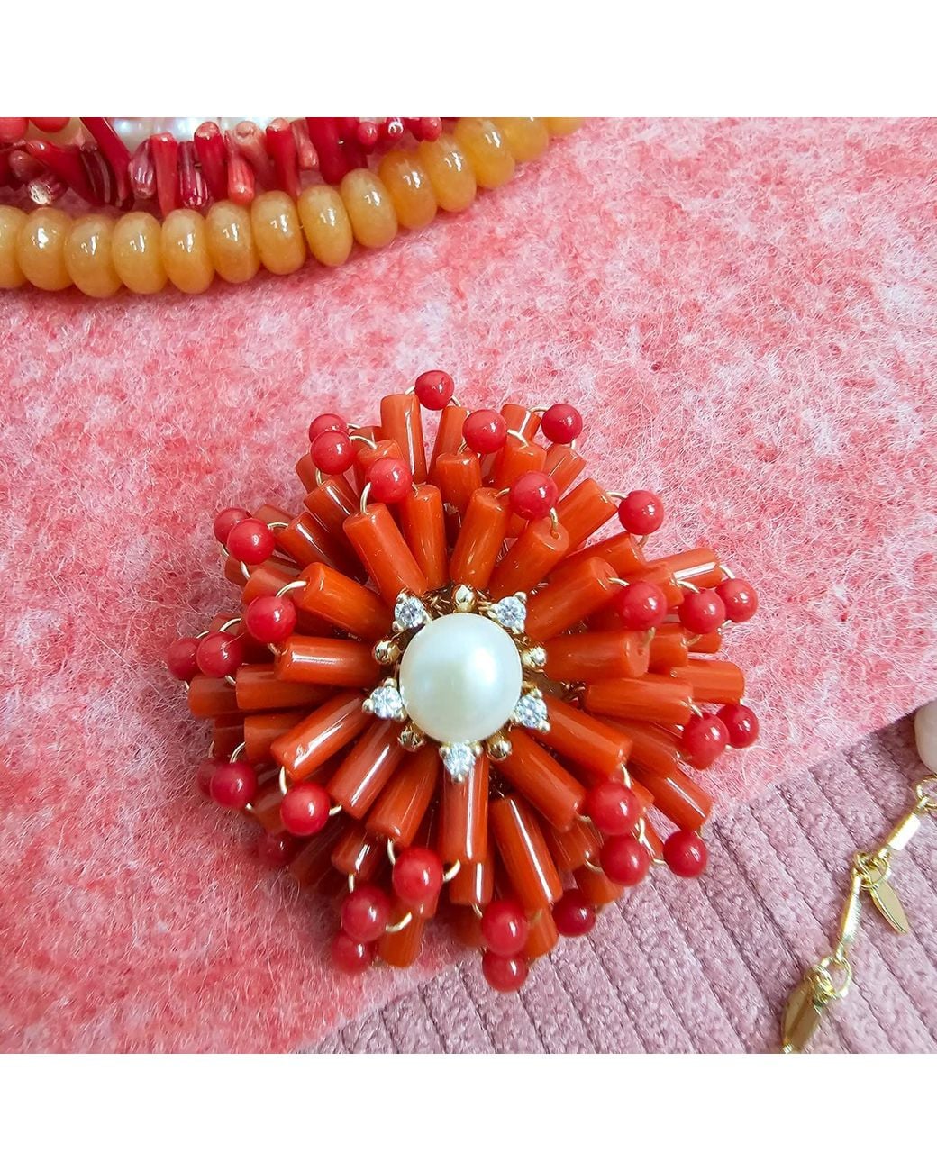Farra Red Flower Handcrafted Bamboo Coral Brooch