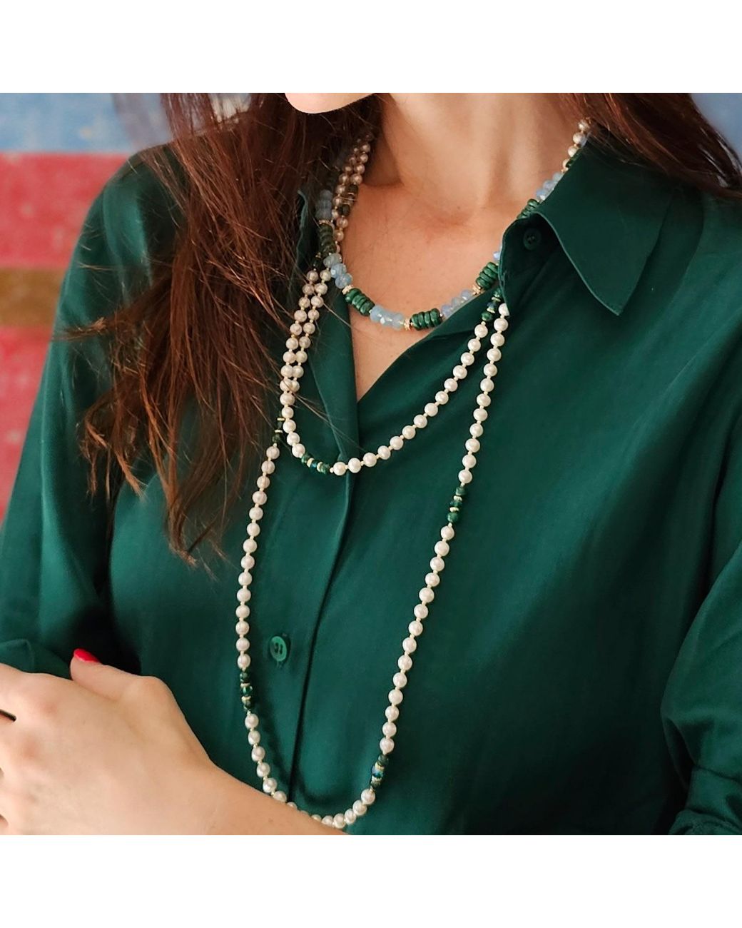 Farra White Malachite With Freshwater Pearls Versatile Long Necklace