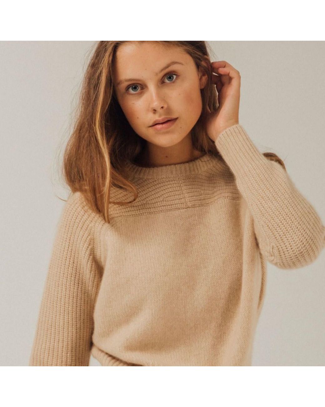 Bel Cashmere Gray Neutrals Ribbed Sleeves Organic Cashmere Sweater