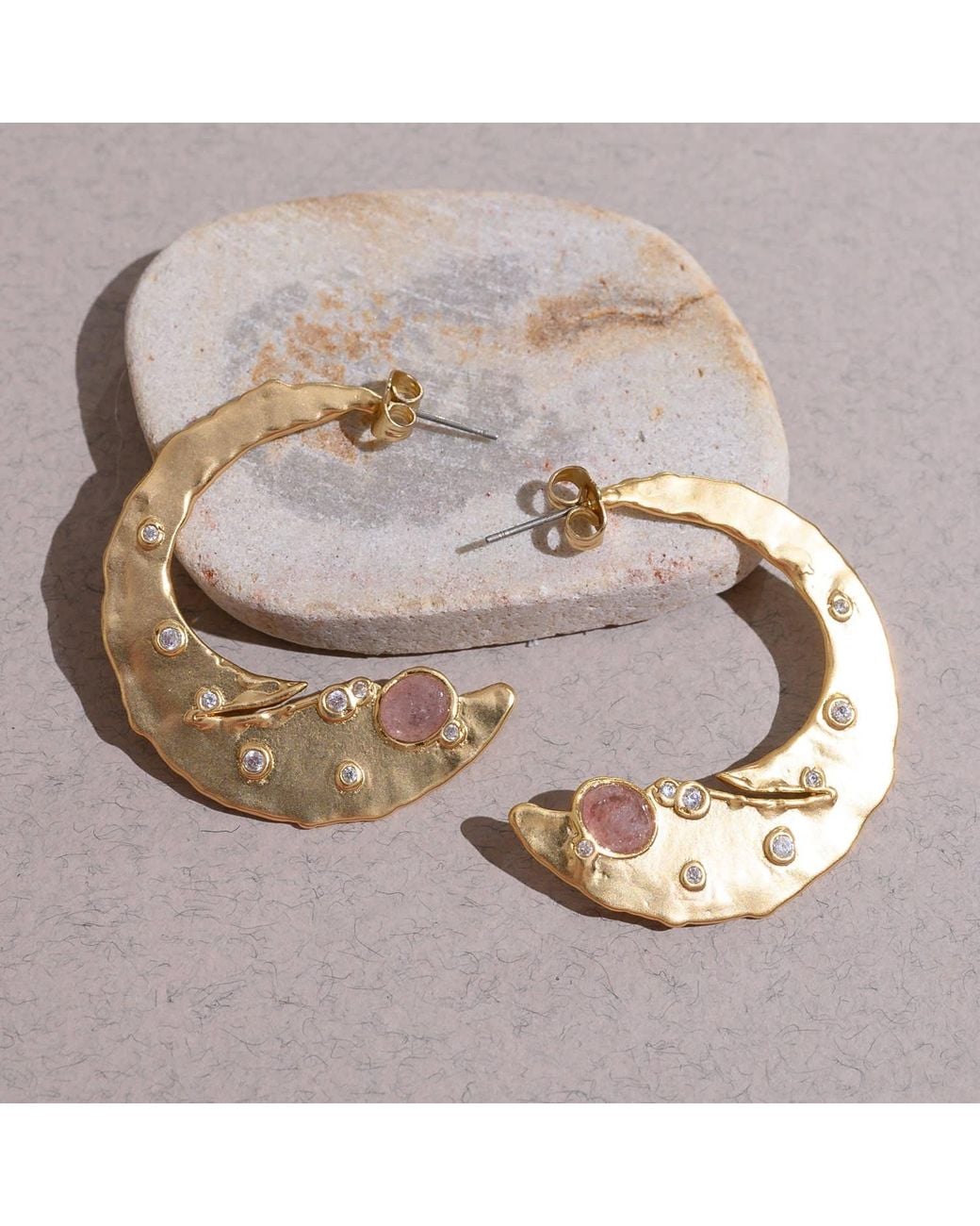 Rare Matters Jewelry Metallic Timeless Organic Strawberry Quartz Crescent Earrings