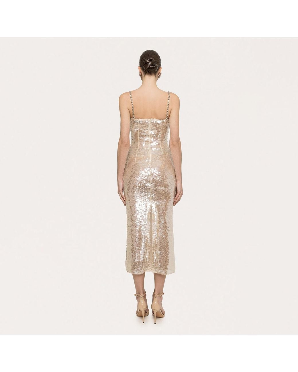 Nissa Natural Neutrals Sequined Midi Dress Cream