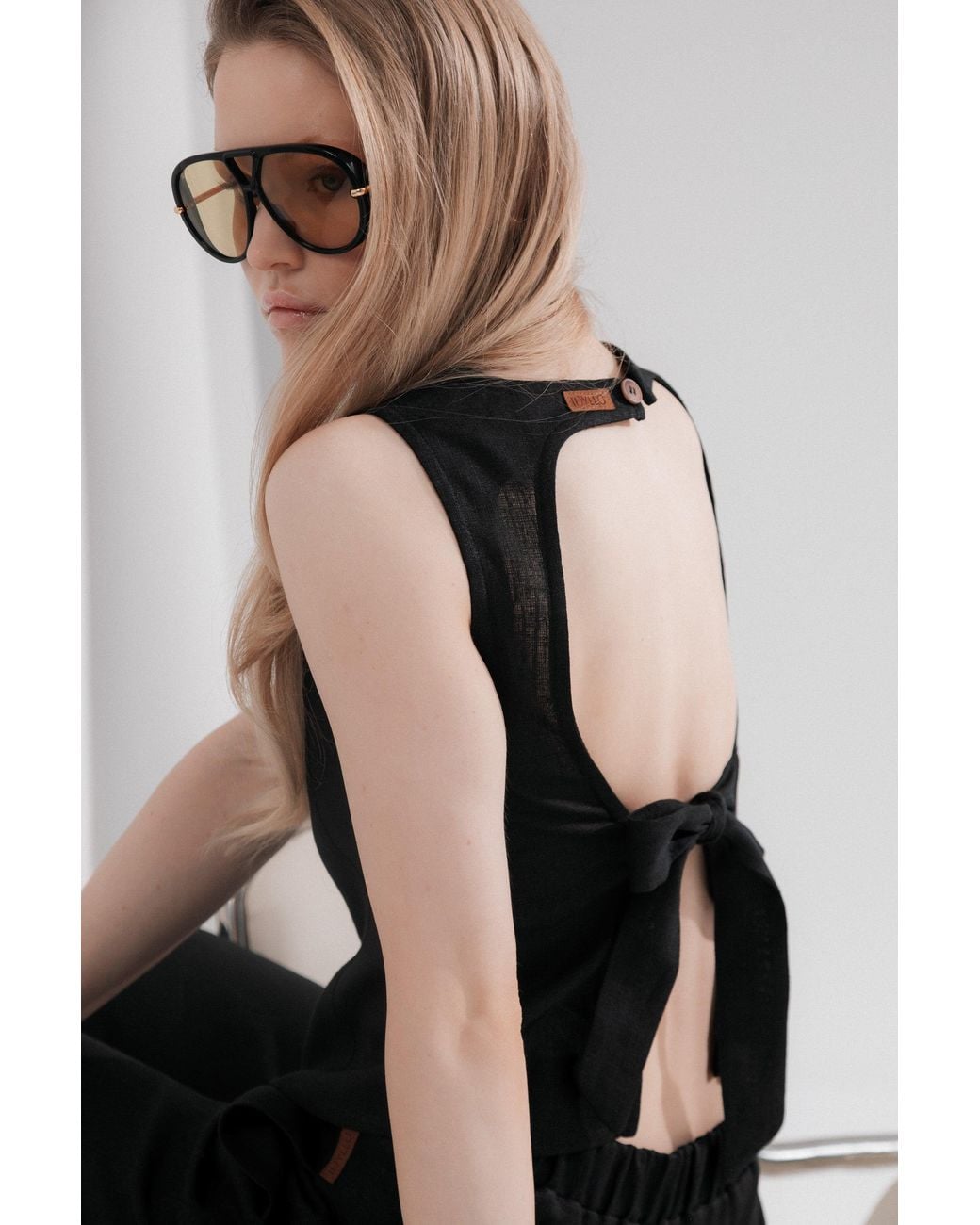 Idyllo Brown Linen Open Back Top With Tie