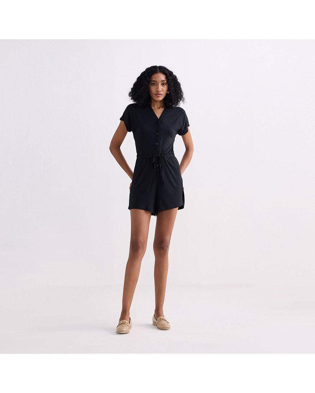 REISTOR Black V Neck Drawstring Knit Romper