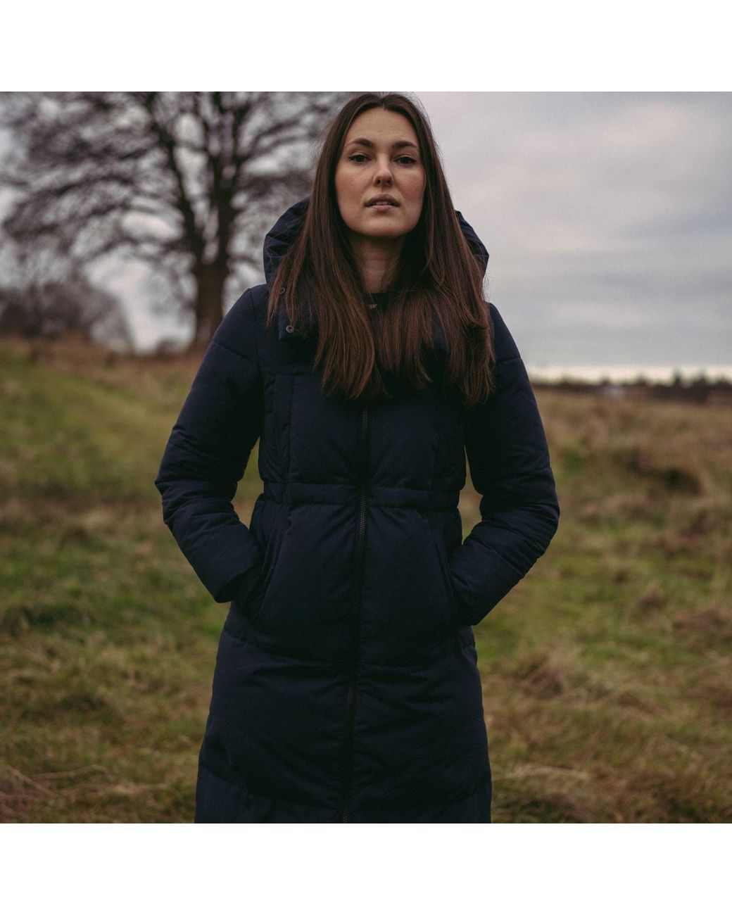BEIRA Blue Alexis Longline Padded Puffa Coat With Cowl Hood Dark
