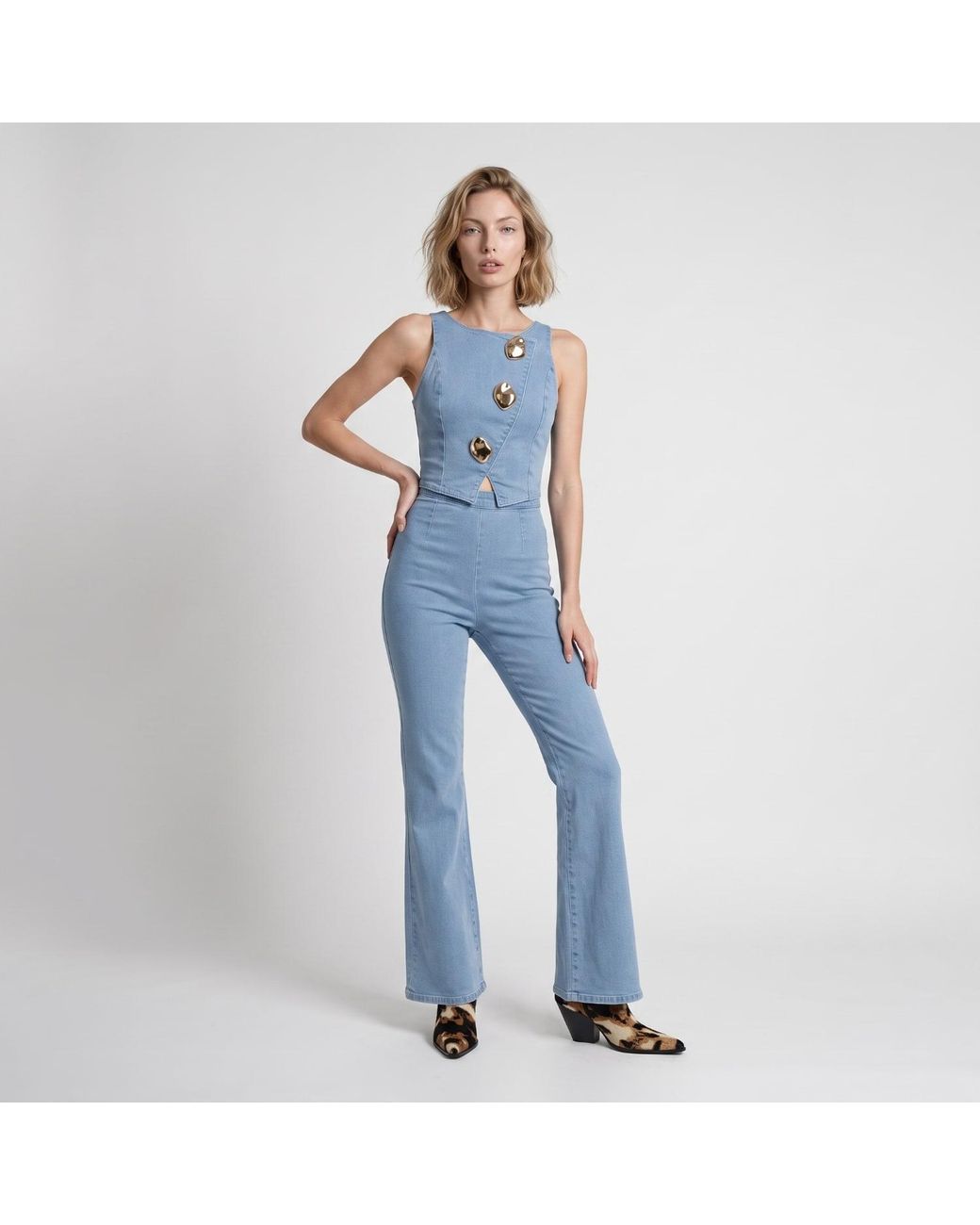Modenaire Blue Tailored Denim Vest And Wide Leg Trouser Set