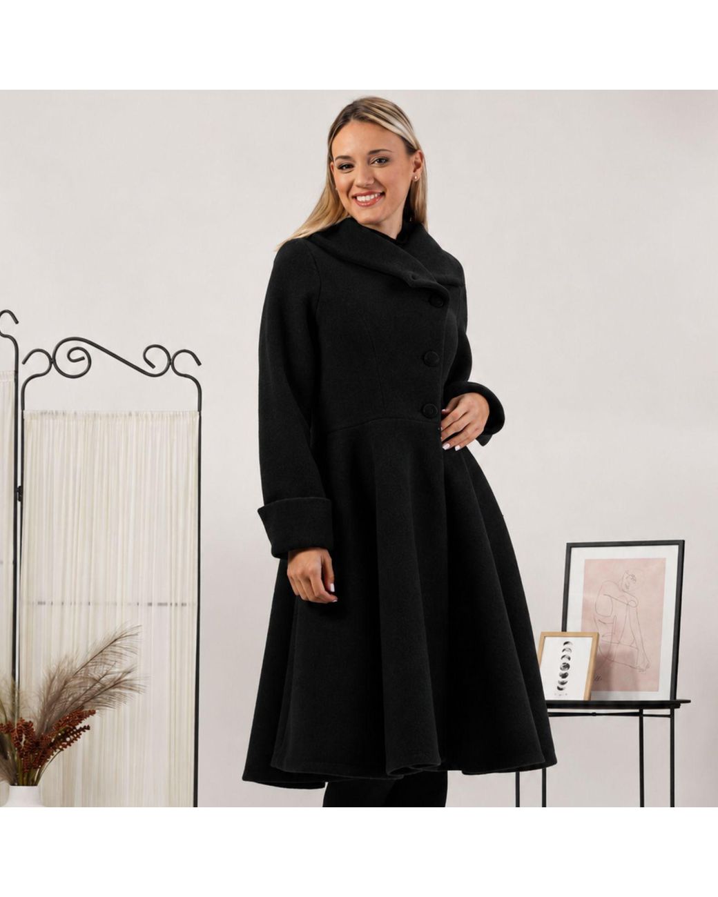 Nikka Place Black A-Line Woolen Coat With Pockets