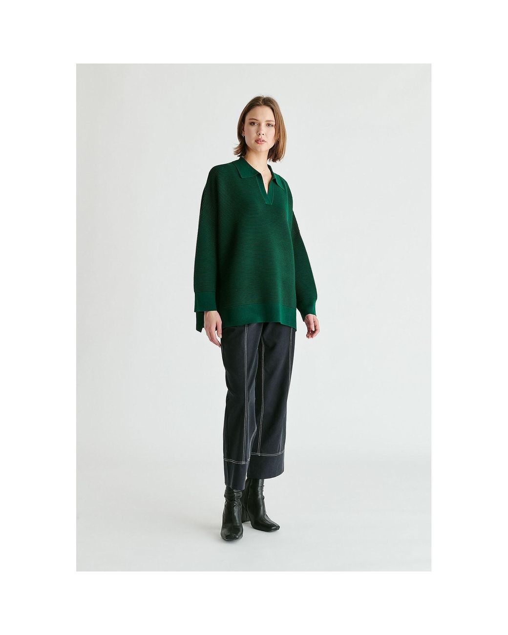 Paisie Green Polo Collar Ribbed Jumper
