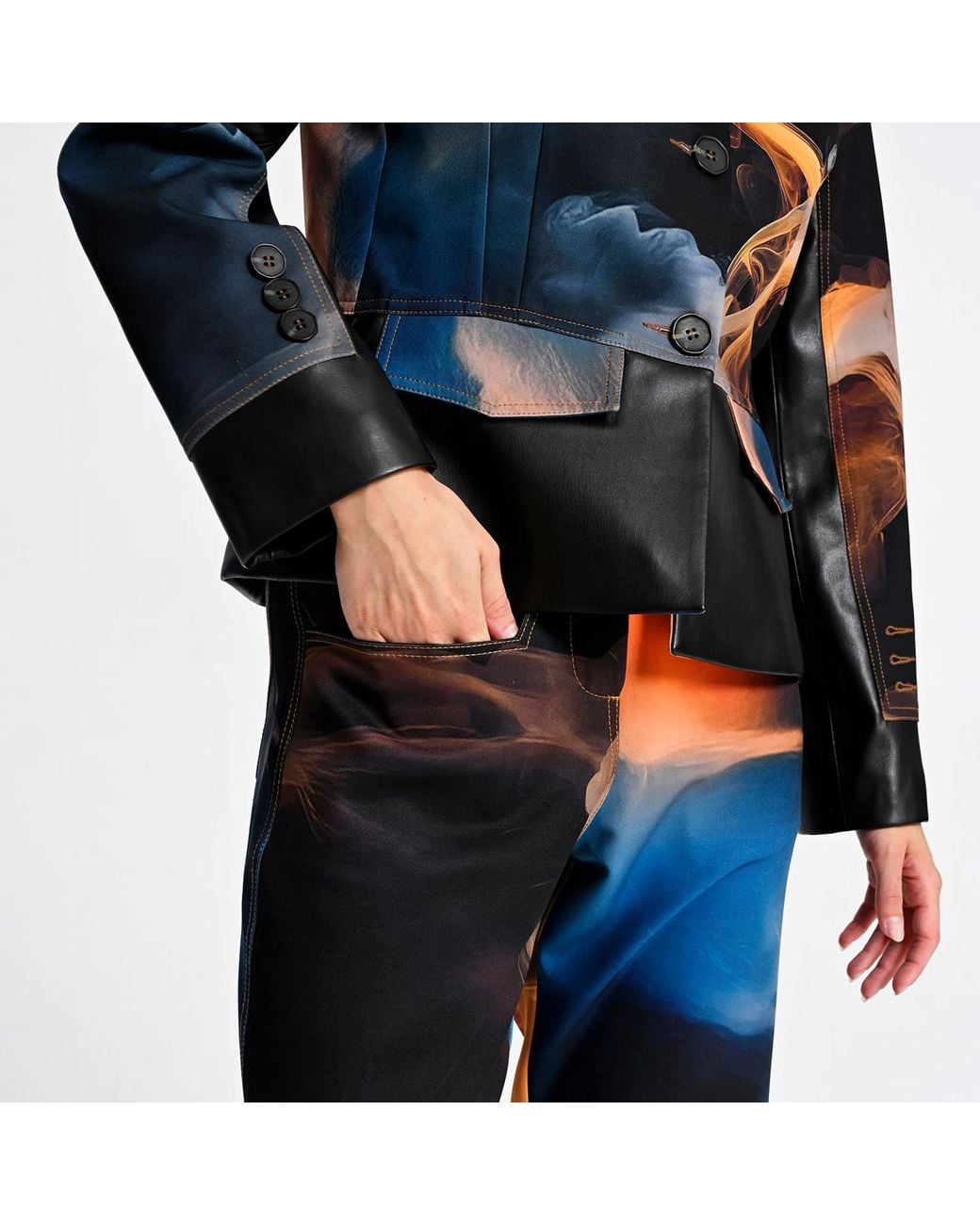 Lalipop Design Blue Wide-Leg Pants With Vegan Leather Waist And Digital Flame Print