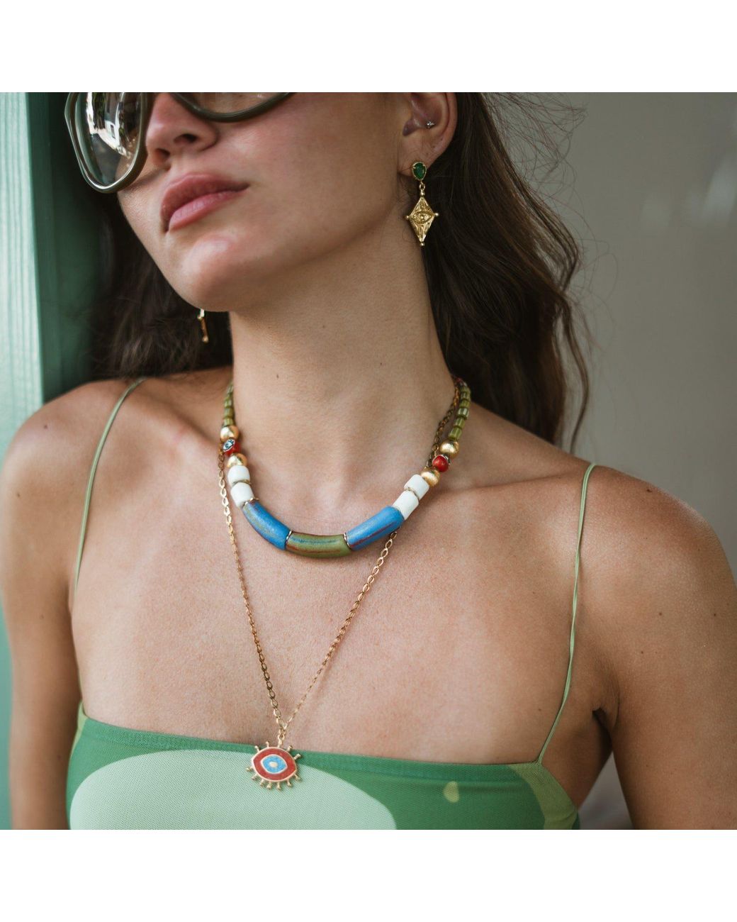 Ebru Jewelry Metallic Ancient Gaze Evil Eye Jade Drop Earrings