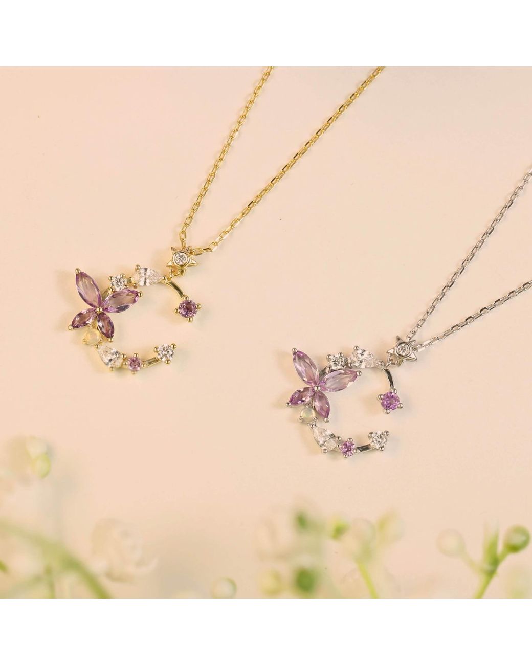 Azura Jewelry New York Metallic Monarch Butterfly Amethyst Opal Necklace Vermeil
