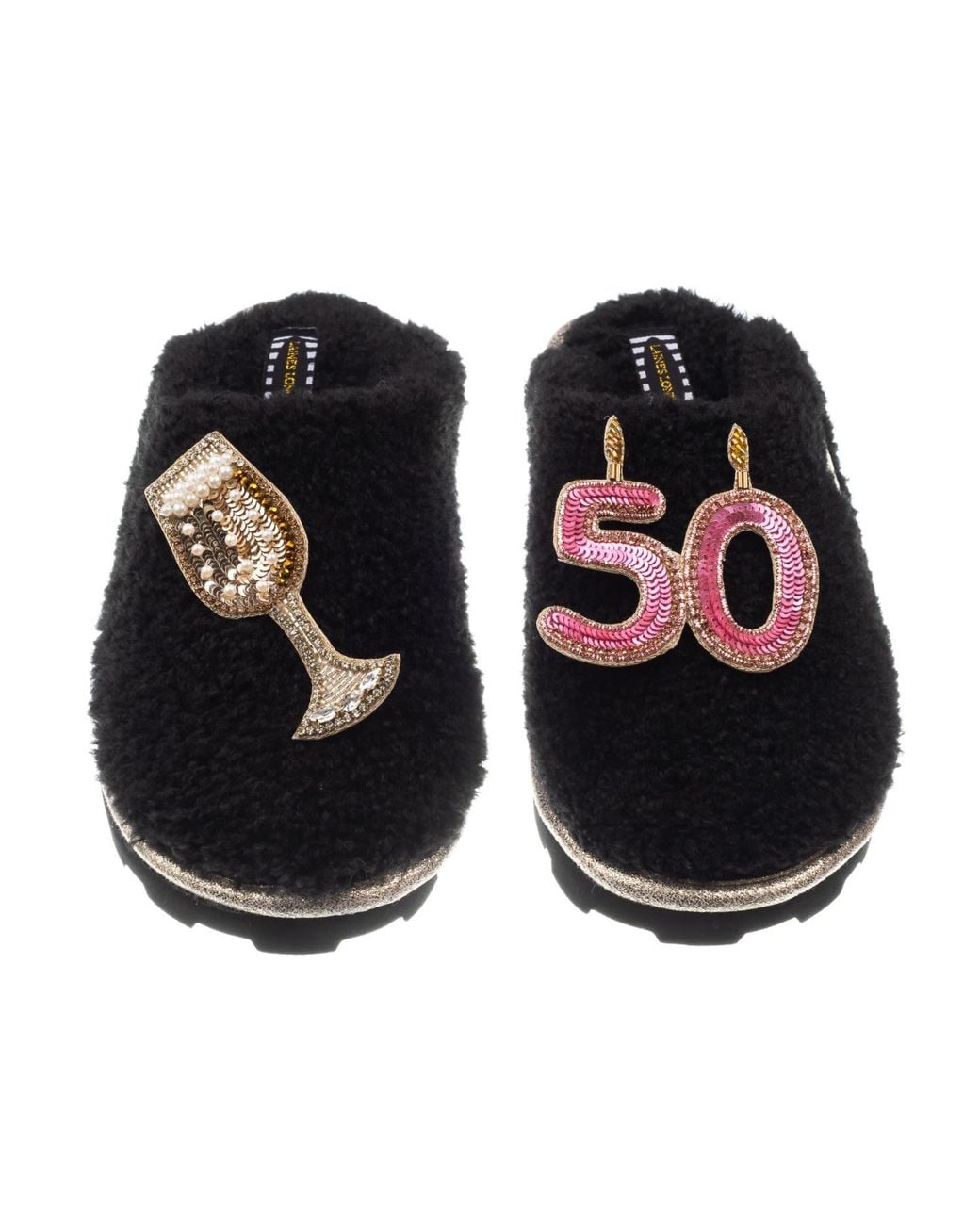 Laines London Black Teddy Closed Toe Slippers With 50Th Birthday & Champagne Glass Brooches