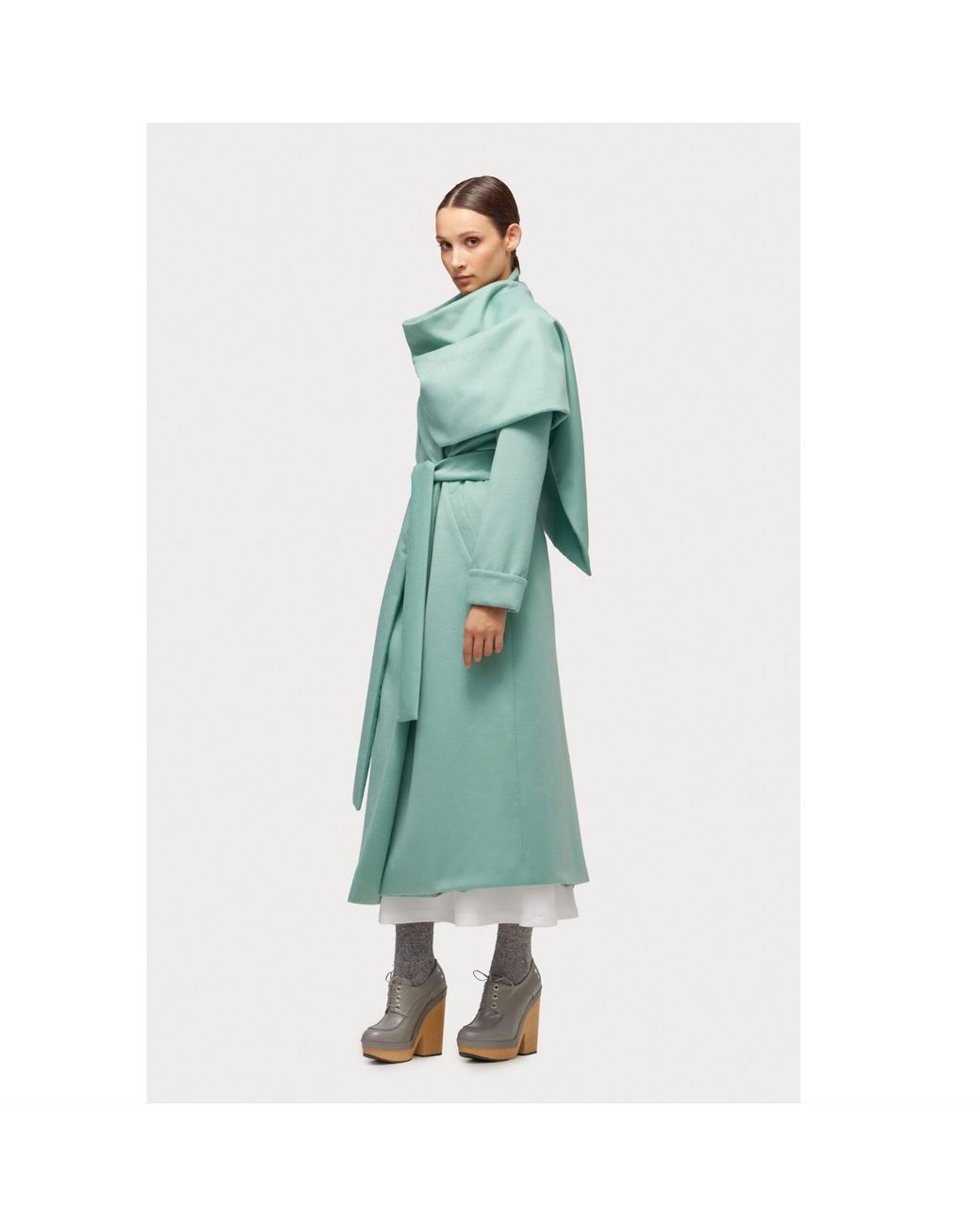 Julia Allert Green Long Wrap Coat With Drape Collar Mint