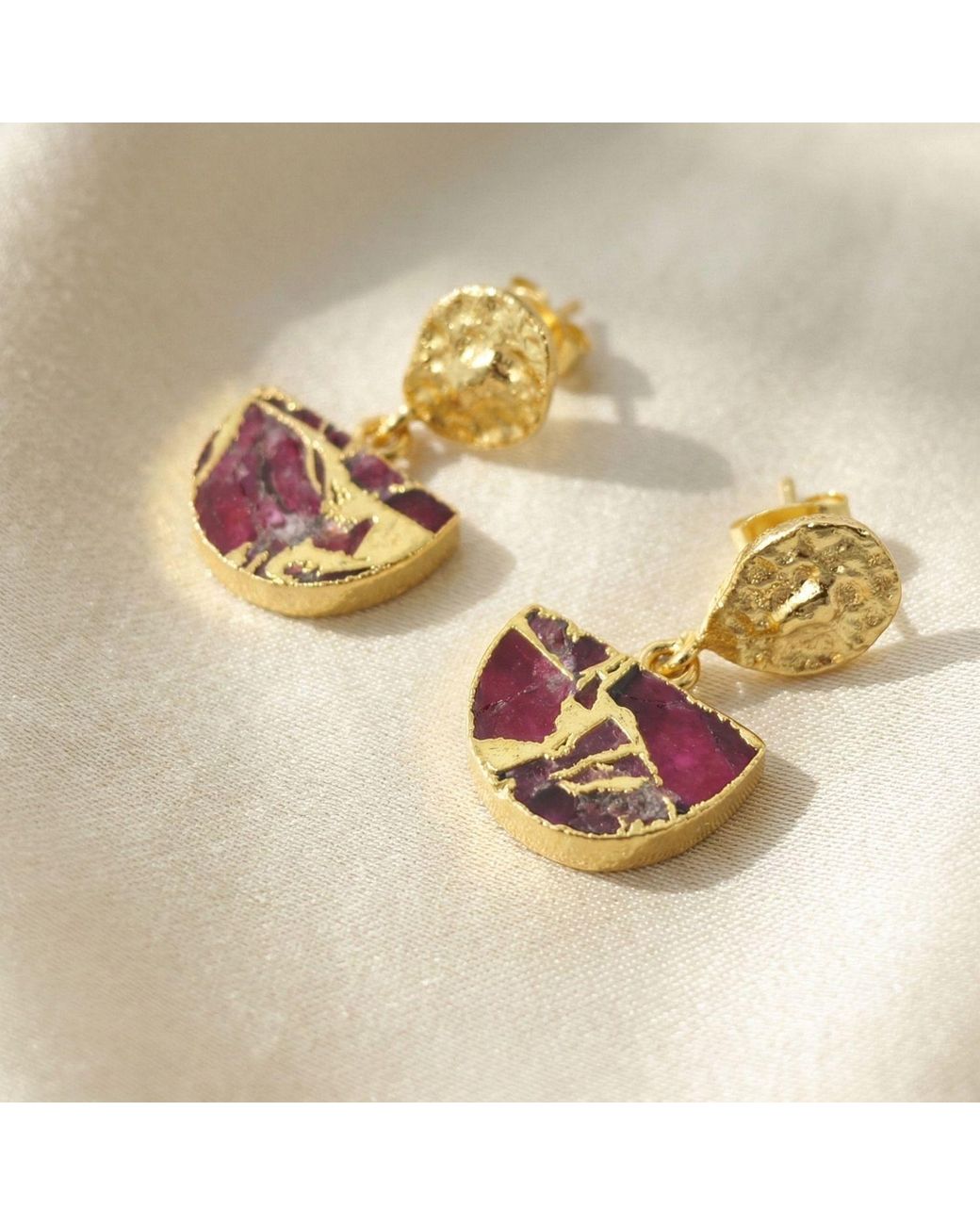 Sophelia Metallic Hammered Ruby July Birthstone Plated Earrings