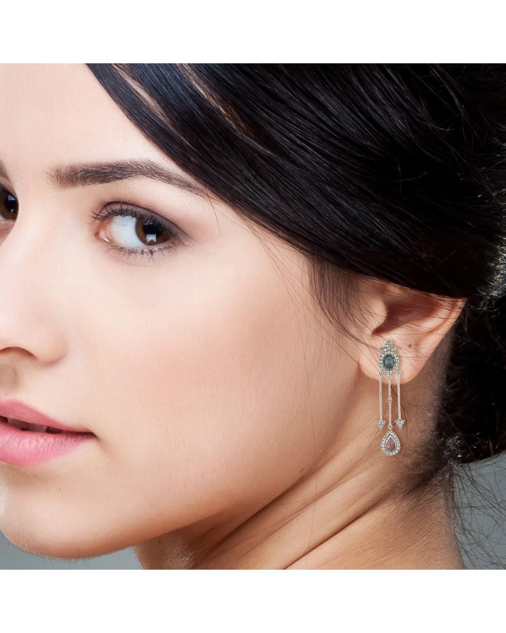 Artisan 18k White Gold Multi Color Diamond Dangle Earrings Designer Jewelry