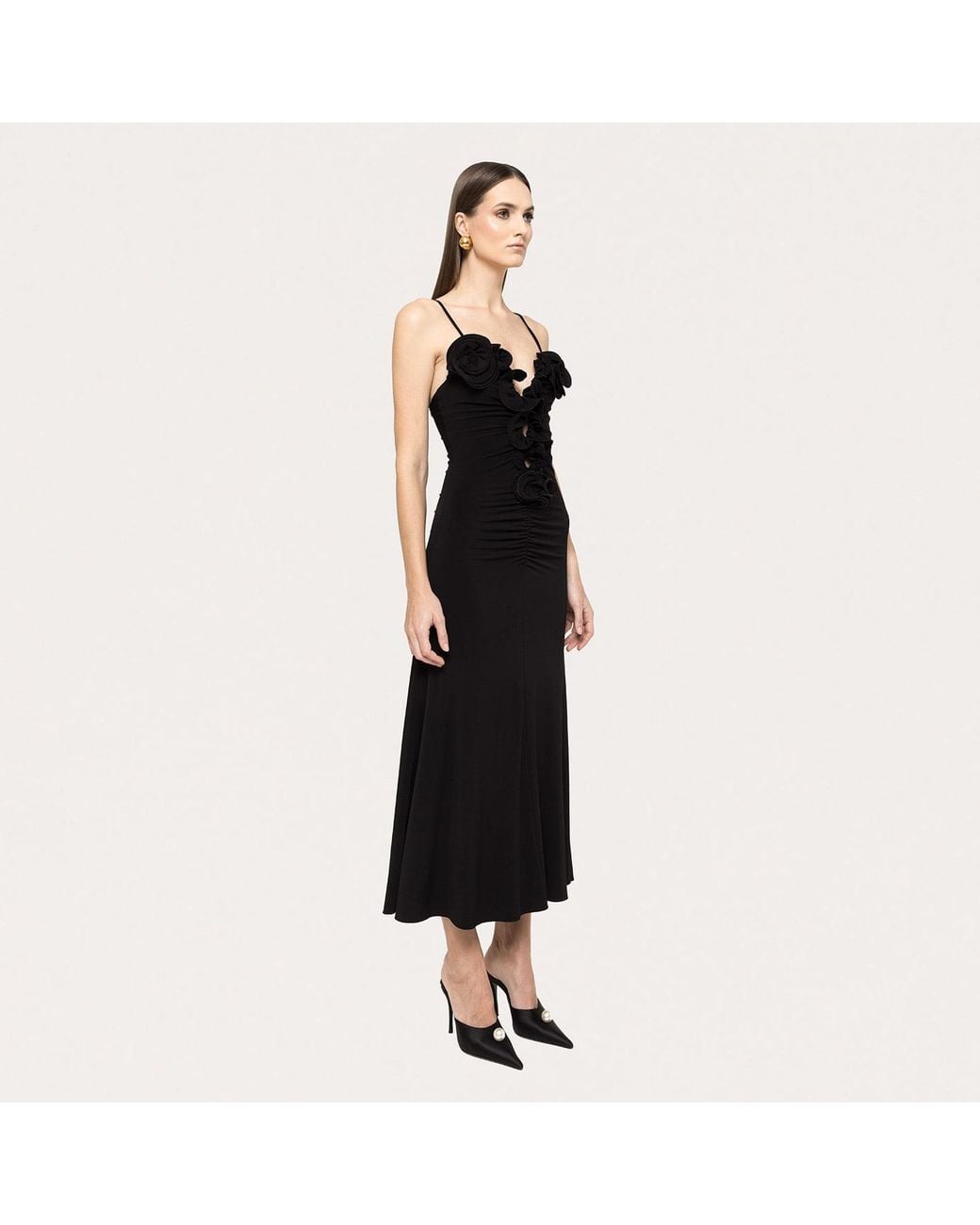 Nissa Black Floral-Applique Jersey Midi Dress