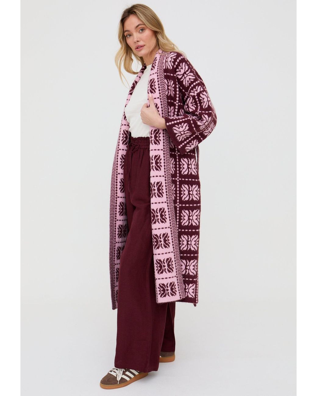 Raffya Ally Abstract Print Long Line Cardigan in Red | Lyst