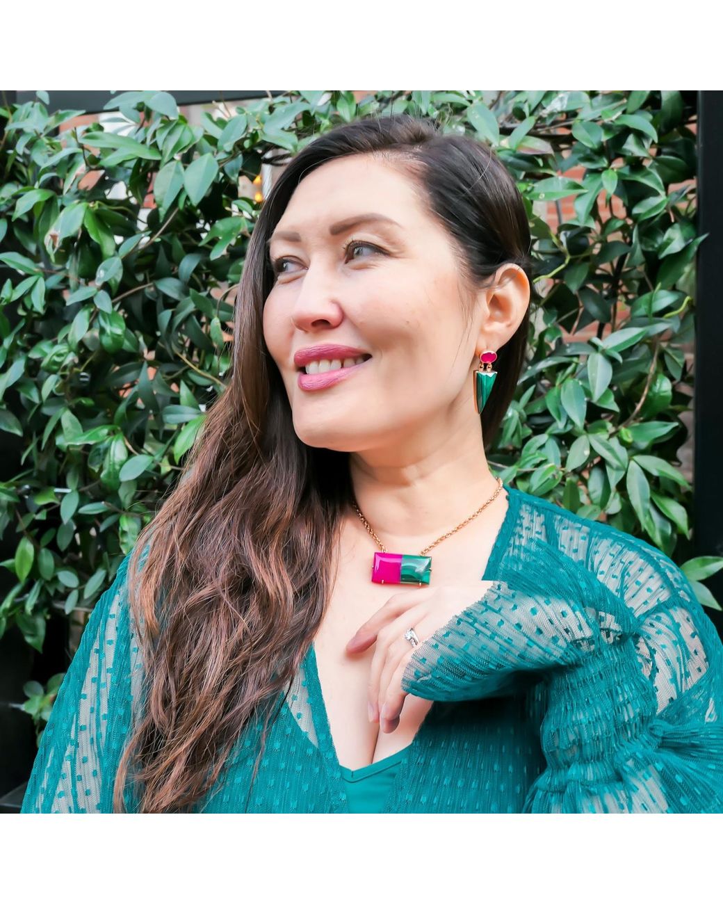 YAA YAA LONDON Multicolor 'lady Yvonne' Rose Gold Pink Green Gemstone Statement Necklace