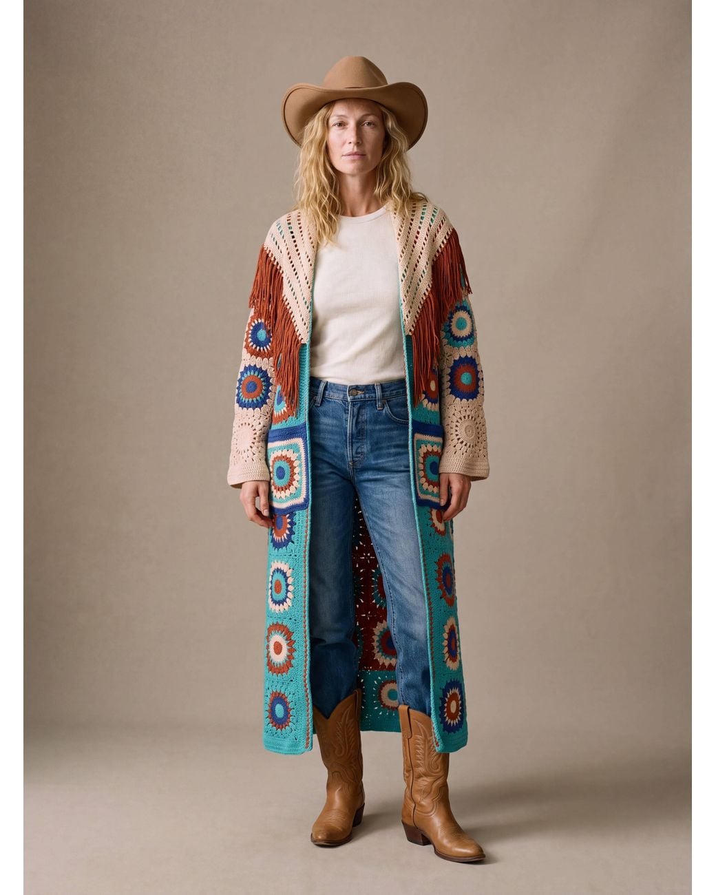 Ana Chic Blue Fringed Handmade Crochet Maxi Cardigan