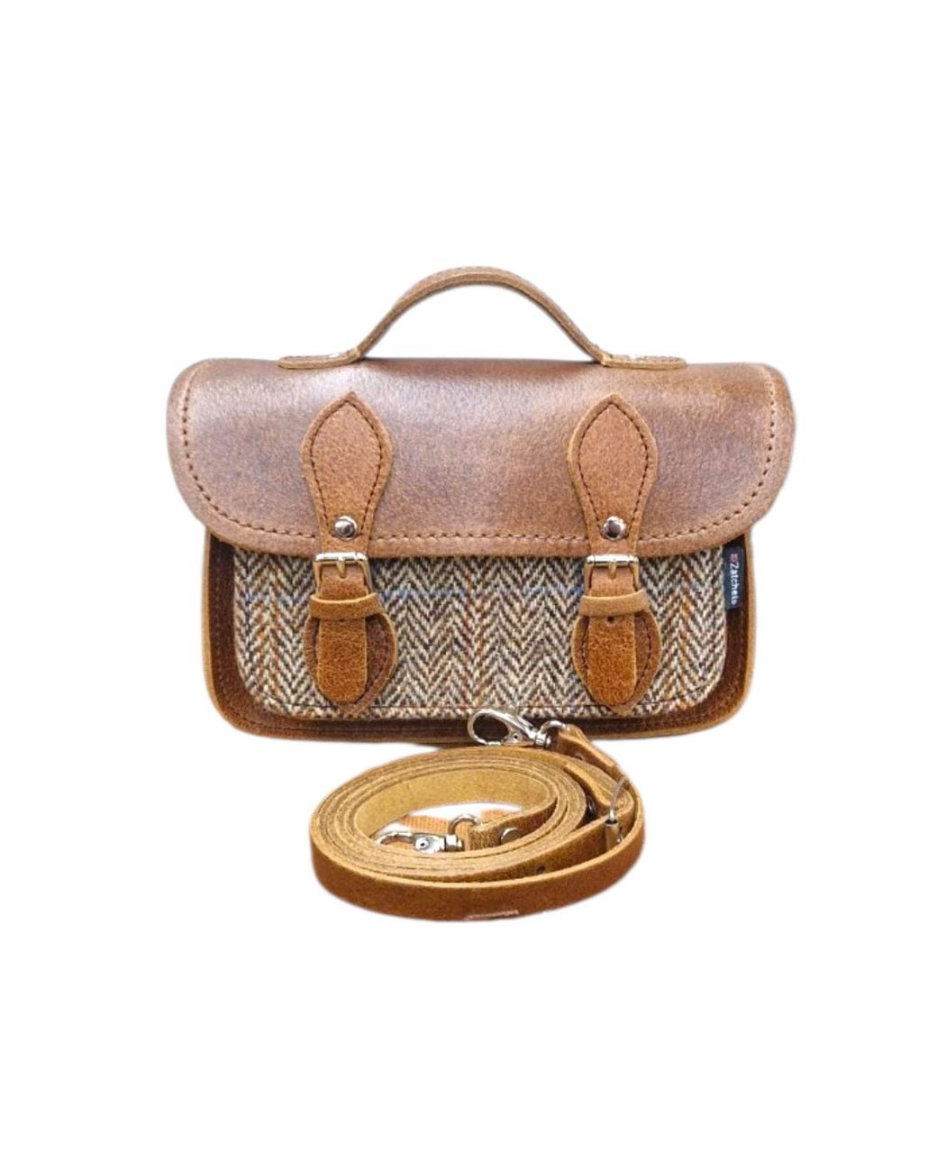Zatchels Brown Handmade Tannery Leather & Tweed Cross Body Micro Satchel Plus