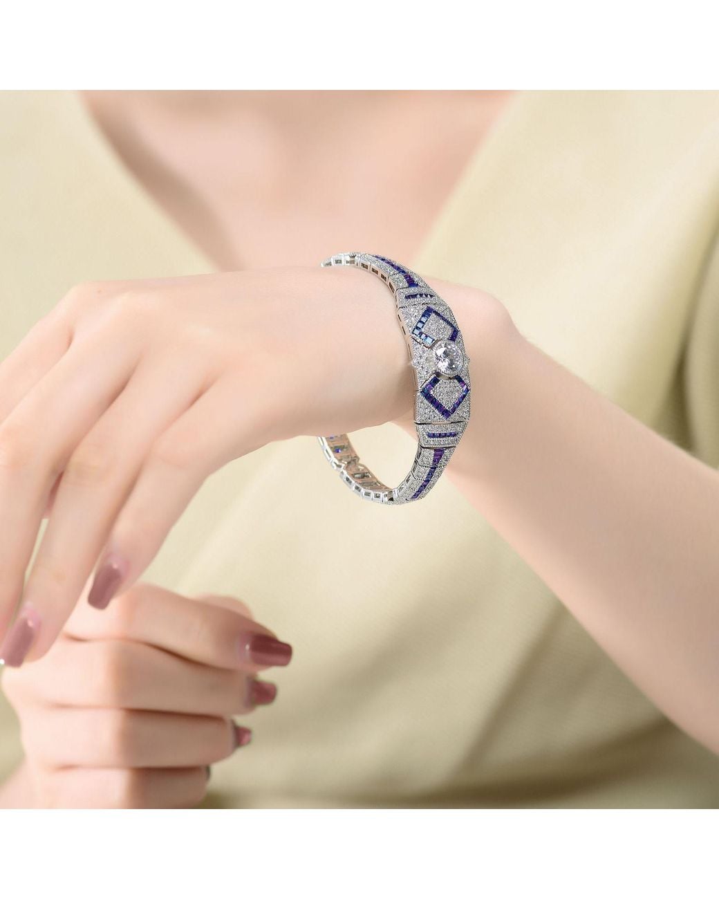 Genevive Jewelry Blue Sterling Plated With Sapphire Cubic Zirconia Link Bracelet