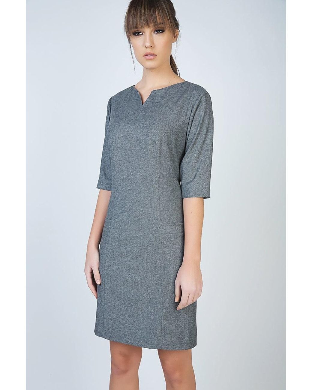 Conquista Gray Elbow Sleeve Straight Tailored Dress