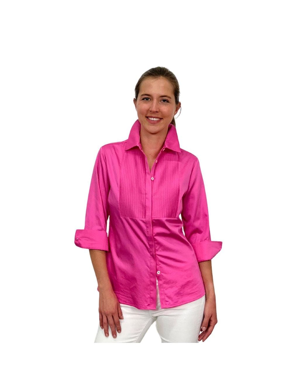 Perlavera Pink Cintuck Satin Three Quarter Sleeve Slim Fit Pintuck Shirt