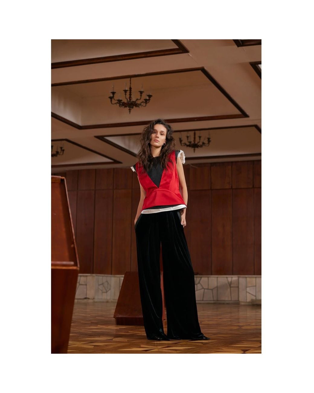 Julia Allert Black Wide-Leg Velvet Trousers With Satin Details
