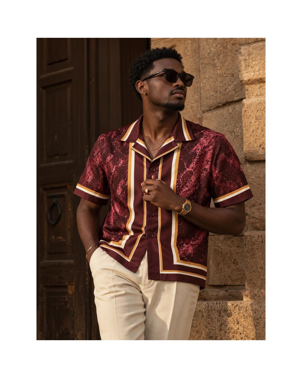 Chic Urban Red Velouris Cuban Collar Shirt for men