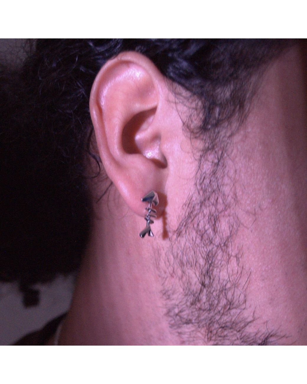 Frenvyrn Metallic Mars Sterling Fish Bone Drop Stud Earring Single for men