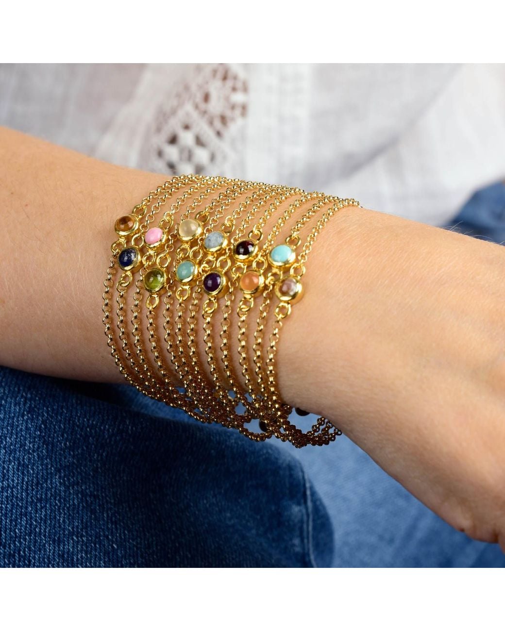 Nellou Jewellery Metallic Peridot Birthstone Gem Dot Bracelet Plated Sterling- August
