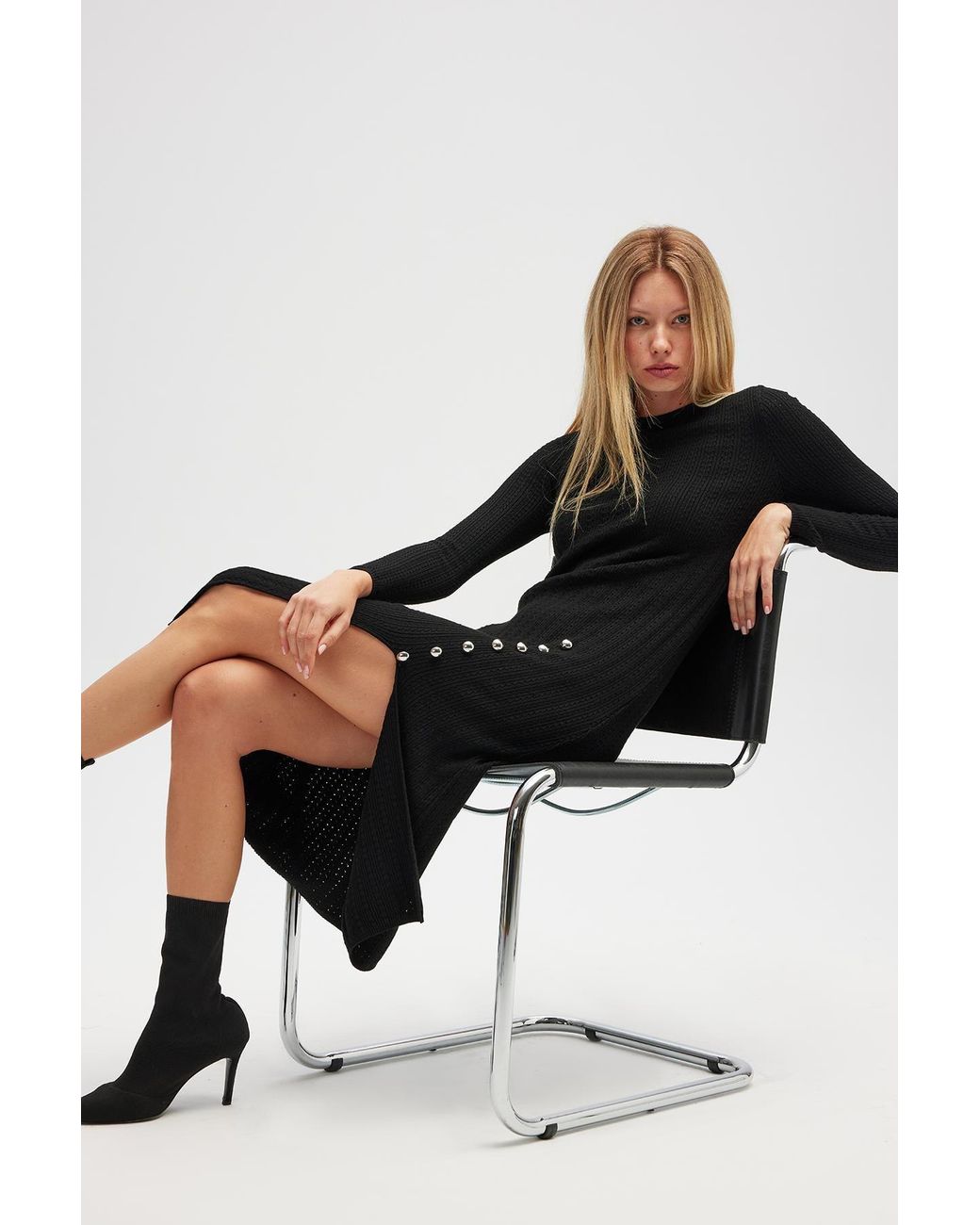 Peraluna Black Zaira Minimal Cable Knit Slit Midi Dress