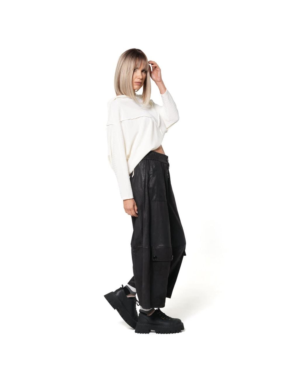 Metamorph Black Wide-Leg Faux Suede Trousers With Buttons