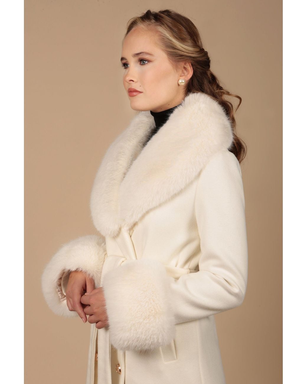 Santinni Natural Marlene Cashmere & Wool Coat With Faux Fur