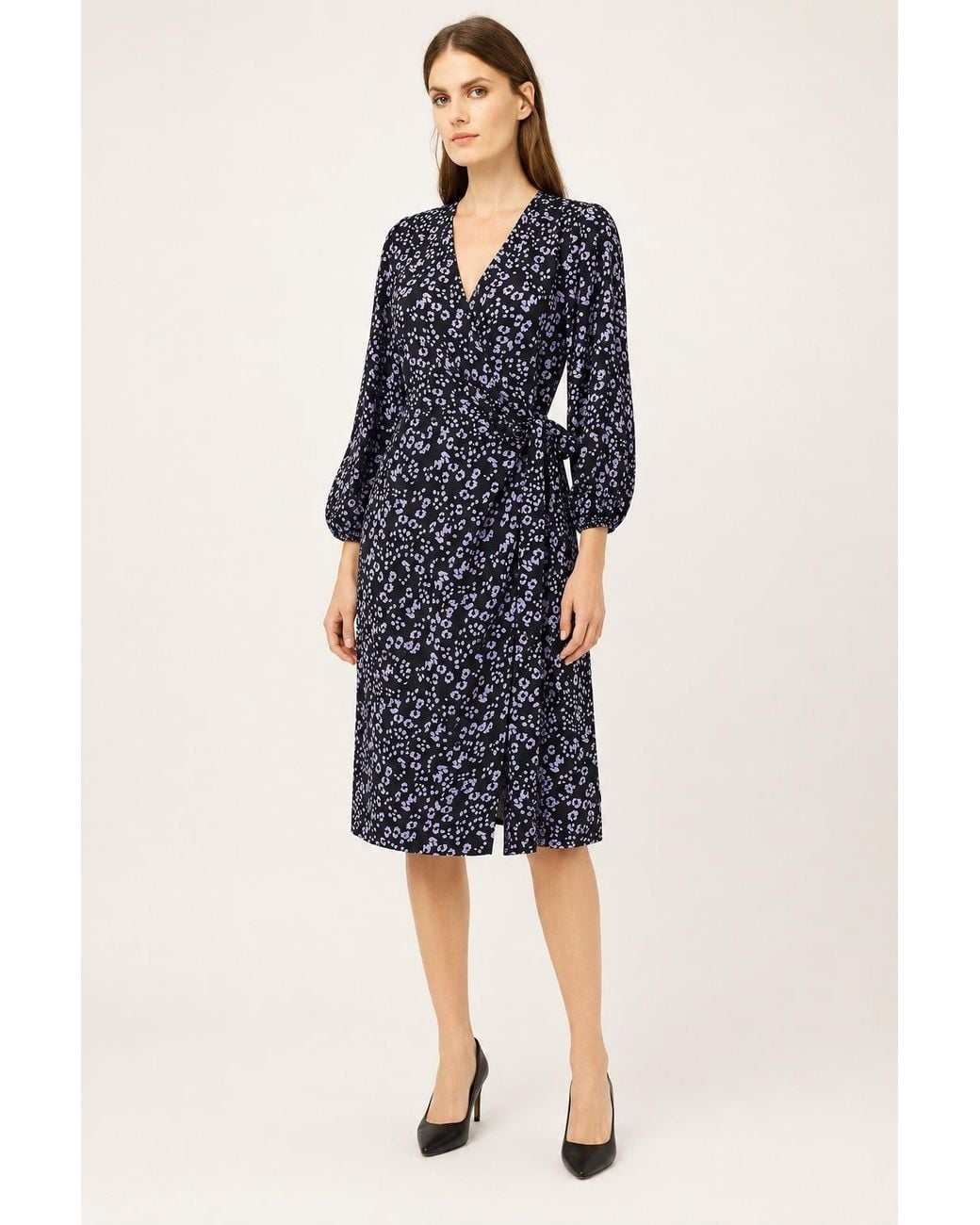 Conquista Blue Printed Tie-Waist Wrap Dress