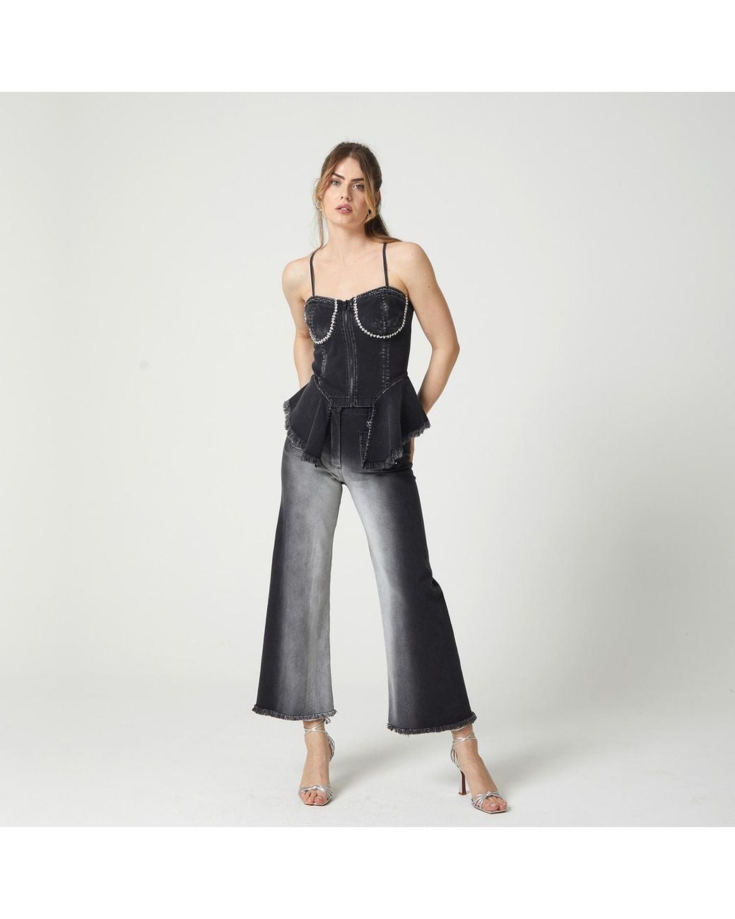 Lalipop Design Black Hand Stitched Crystal Embellished Denim Corset Top With Ruffles