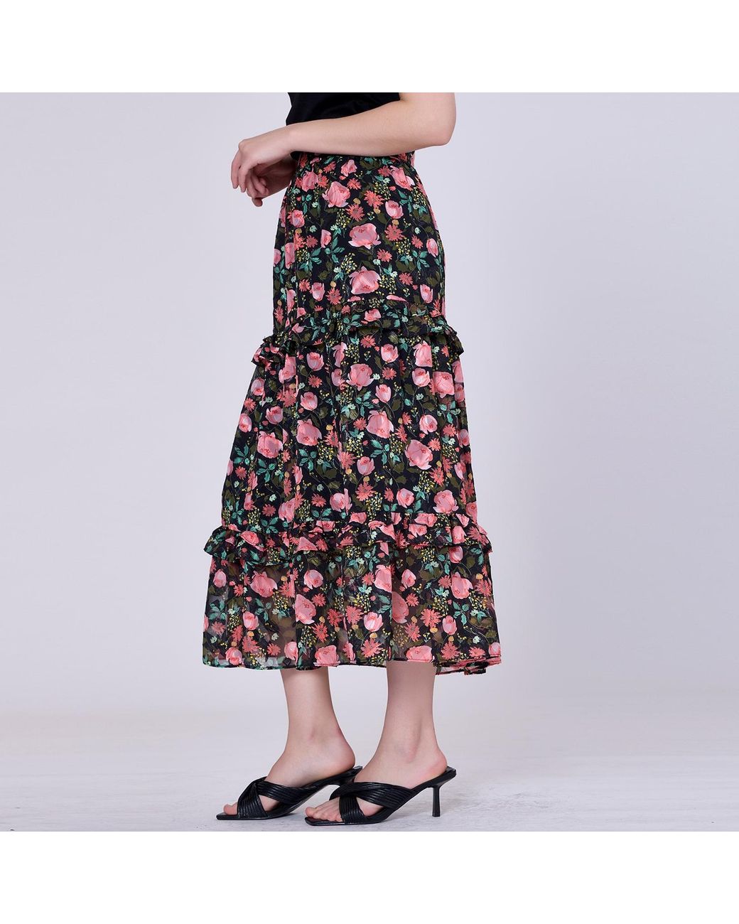Smart and Joy Black Flower Print Tiered Ruffles Midi Skirt