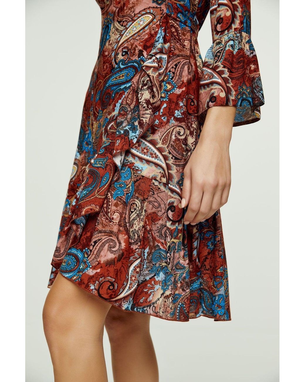 Conquista Red Paisley Print Viscose Wrap Dress With Bell Sleeves