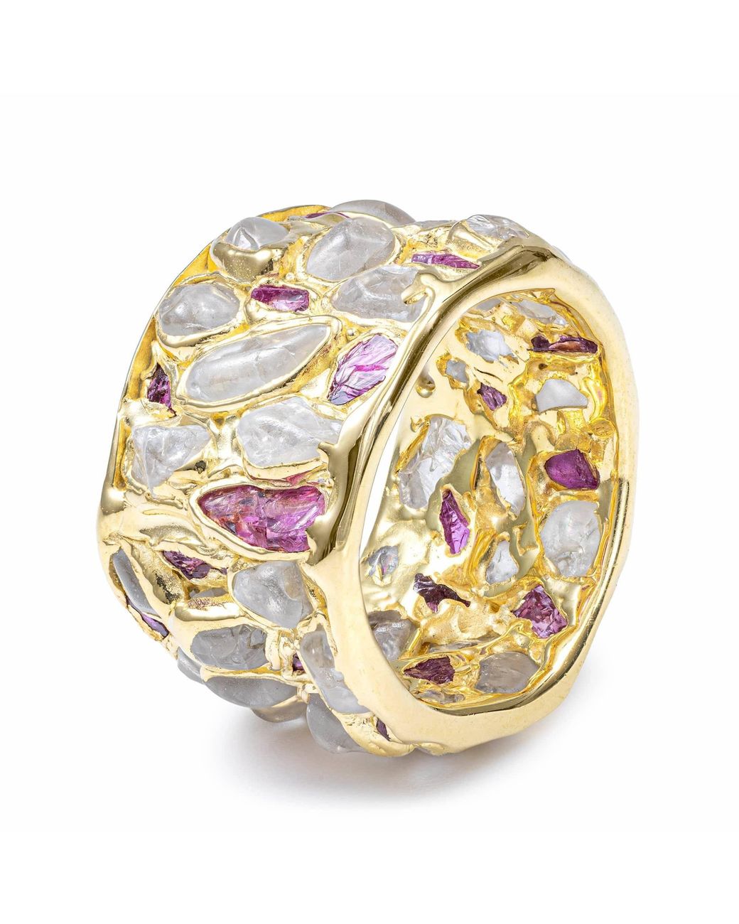 German Kabirski Metallic Lythara Barrel Plated Ring With Zircon And Ruby