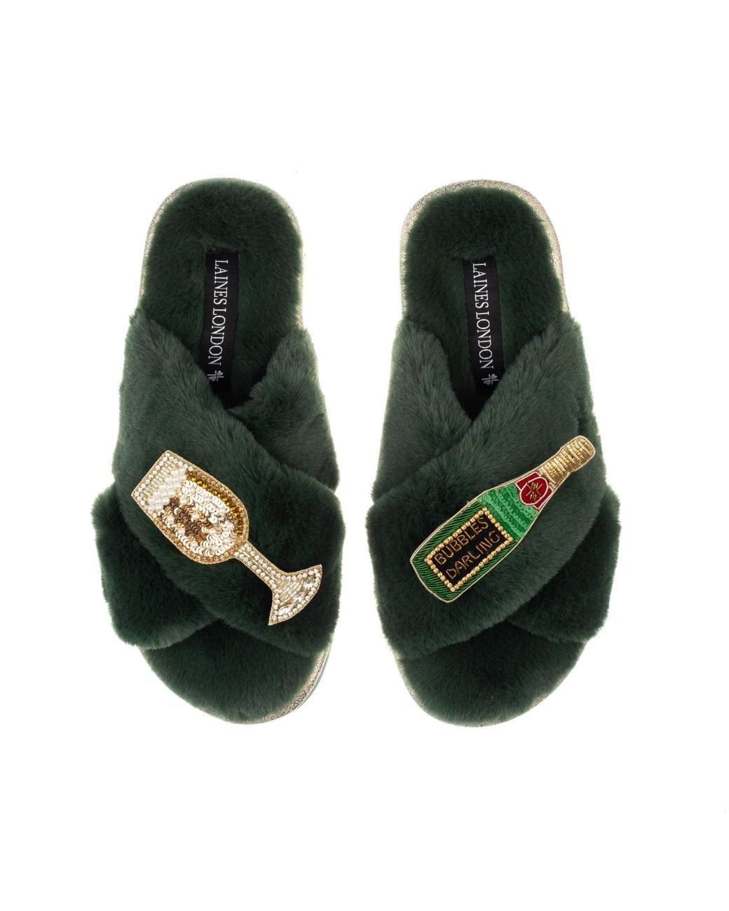 Laines London Green Classic Laines Slippers With Bubbles Darling Brooches