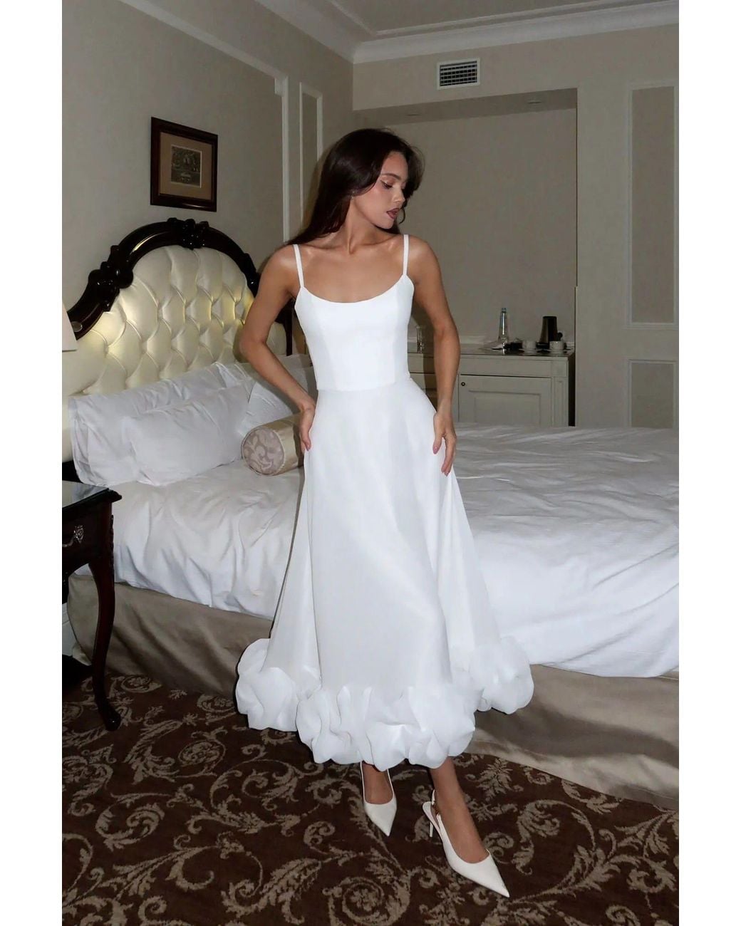 POST MERIDIEM White Milk Flounce Bustier Midi Dress