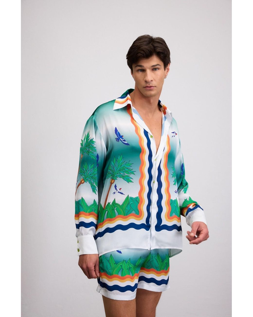 Je Te Veux Green Wave Printed Sail Away Drawstring Shorts for men