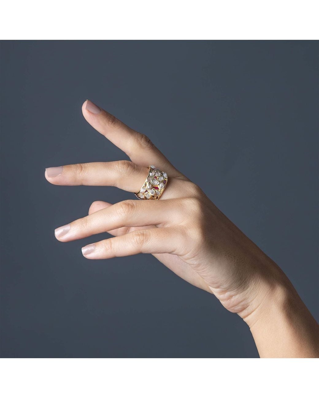 German Kabirski Metallic Lythara Barrel Plated Ring With Zircon And Ruby