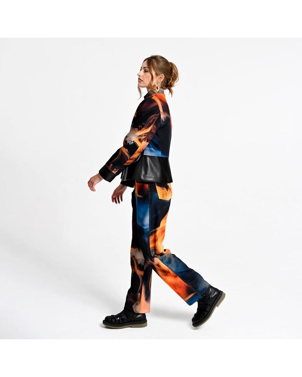 Lalipop Design Blue Cropped Jacket With Vegan Leather Trim And Digital Flame Print
