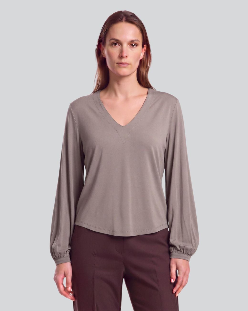 Lords of Harlech Brown Val Sage Lyocell Stretch V-Neck Top