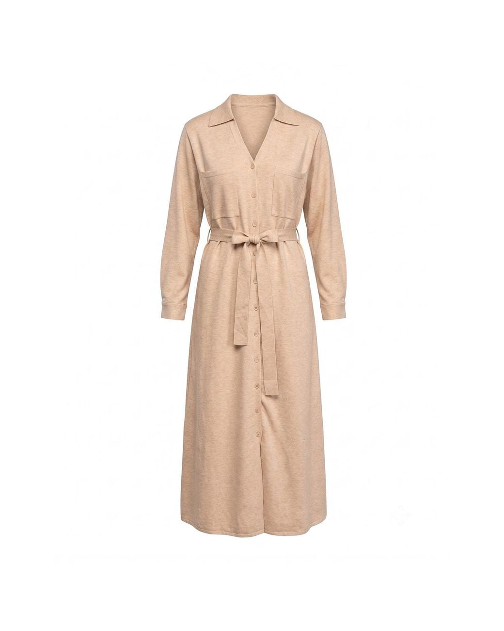 Tantra Spain Sl Natural Neutrals Long Knit Shirt Dress With Chest Pockets And Belt