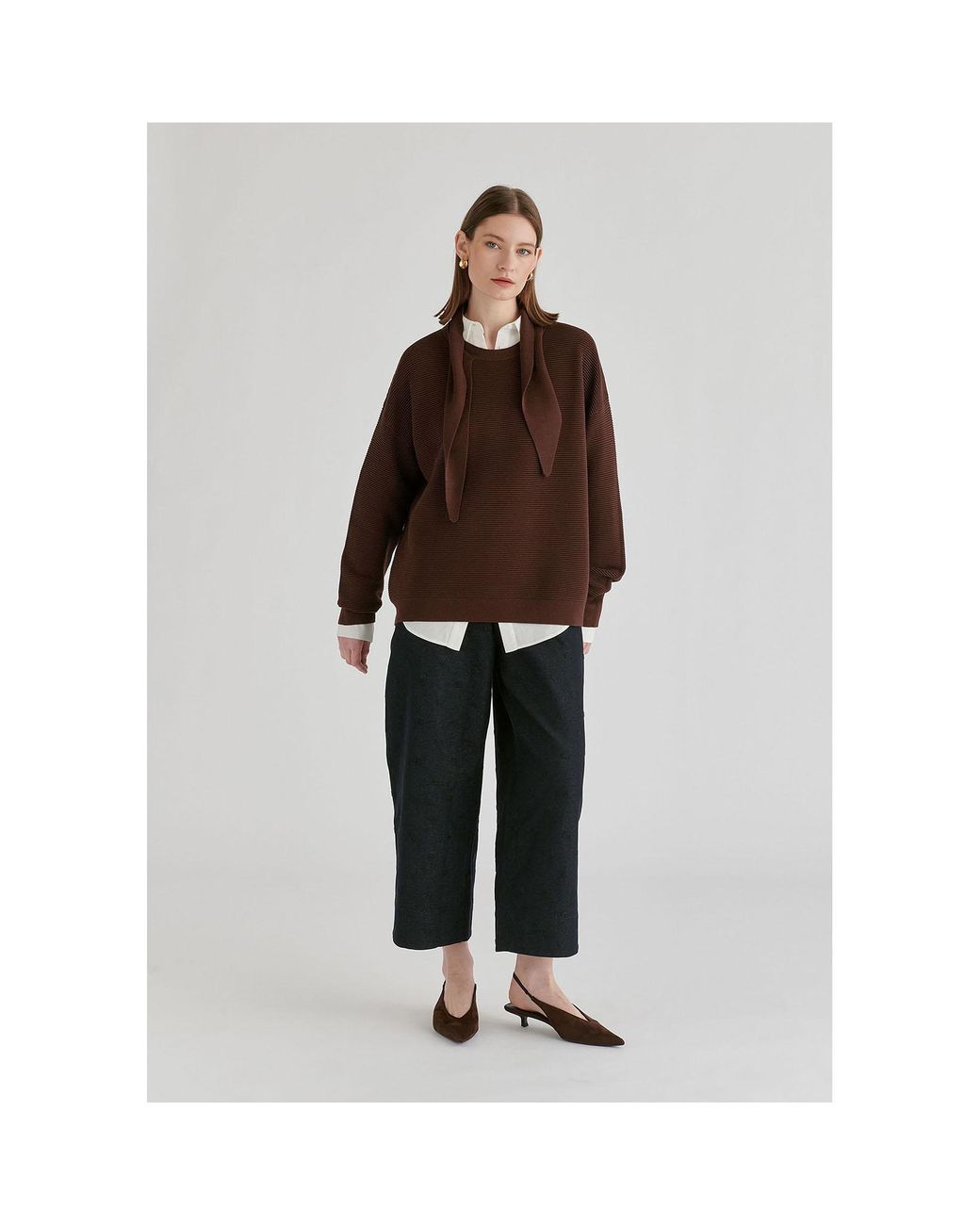 Paisie Brown Ribbed Jumper With Attached Scarf Tie